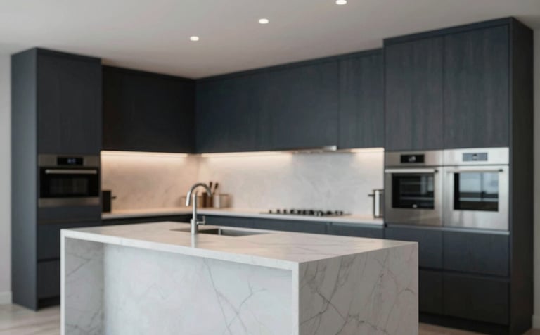 A high-end modern kitchen featuring sleek dark wood cabinets in #2C3E50, a large white marble island, and subtle integrated LED lighting. The style is sophisticated and minimalist, with stainless steel appliances and professional finishes. Cinematic lighting, photorealistic.