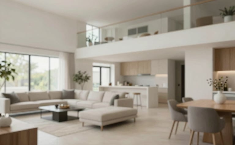 Wide shot of a fully renovated open-plan living room and dining area. The space features neutral tones from the #F0F3F5 palette, architectural clean lines, and high-end furniture. Bright, airy, and professional, showcasing expert craftsmanship.