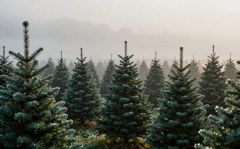 A wide-angle, cinematic shot of a misty Christmas tree farm at dawn. Rows of perfectly shaped, deep green Fraser Fir trees are dusted with morning dew. The lighting is soft and ethereal, using the brand's natural green (#2C3A2D) and light green (#AAB89D) tones. The style is sophisticated and grounded in nature.