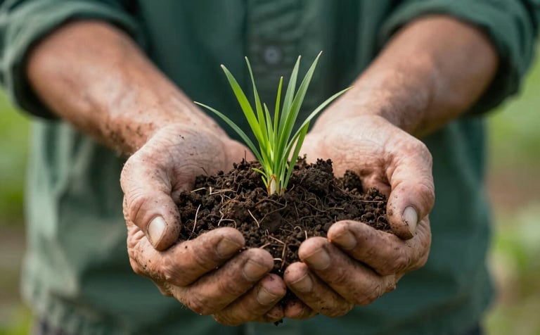A close-up of a farmer's weathered hands holding a handful of rich, dark earth and vibrant green grass blades. The lighting is bright and clear, emphasizing the wholesome, reliable quality of the land. Elements of deep green (#2C3A2D) and brown (#6F624C) are prominent.