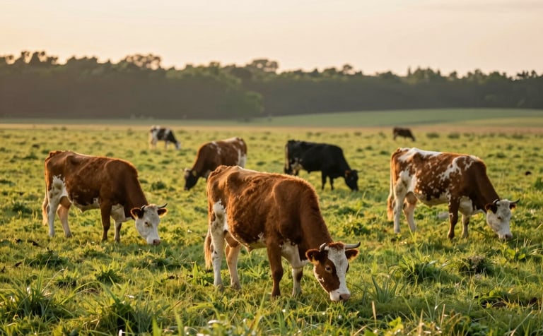 A group of healthy, well-cared-for beef cattle grazing in a vast, lush pasture under the warm glow of a setting sun. The grass is a vibrant green (#AAB89D), and the sunlight casts a golden hue (#6F624C) over the scene. The composition is peaceful and highlights the wholesome integrity of the farm.