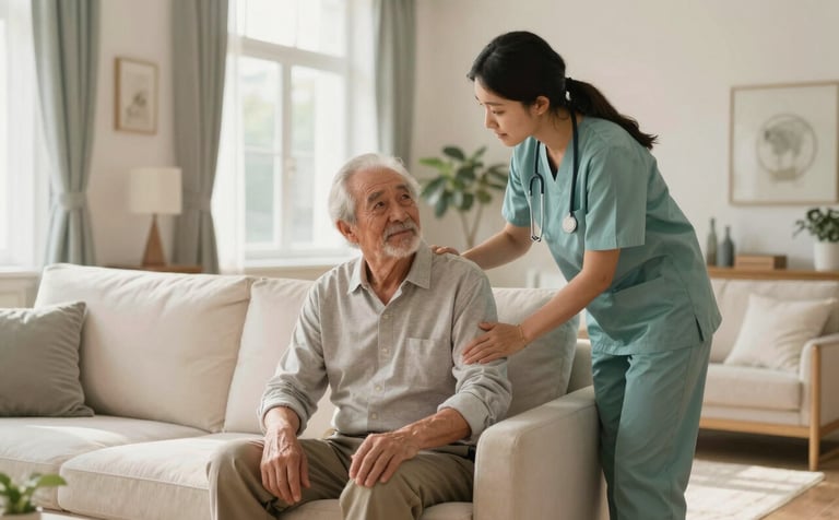 An interior shot of a comfortable, sunlit home living room with a caregiver assisting a senior man, warm pearl white and muted sage teal decor, professional photography.
