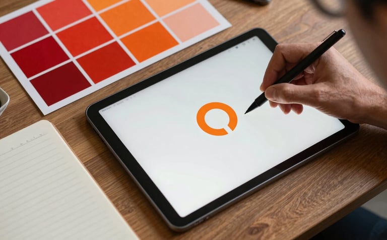 A top-down photograph of a creative workspace in the US. A designer uses a digital pen on a tablet to sketch a minimalist logo. Swatches of Fire Engine Red and Vivid Orange are visible on the desk alongside a clean notebook. The style is sharp and trustworthy.