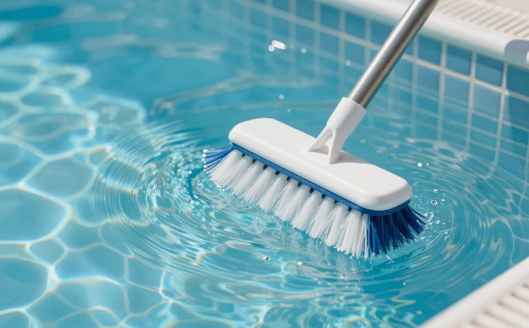 A close-up shot of a pool brush cleaning the waterline tiles of a sparkling clean swimming pool. The water is clear and inviting, with soft blue tones of #9DD0D9. The image evokes a sense of efficiency and hassle-free maintenance under bright, clean lighting.