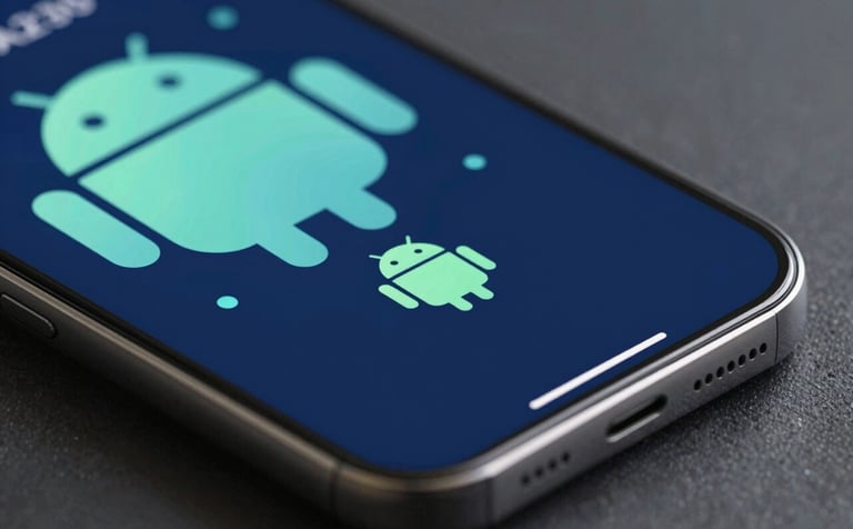 A sleek, close-up shot of a modern smartphone interface showing a vibrant, stylized Android connection map. Soft lighting highlights the glass surface. The color palette incorporates deep blues (#1A2E3C) and light teal accents (#7DAFB8). Professional studio lighting, clean tech aesthetic.