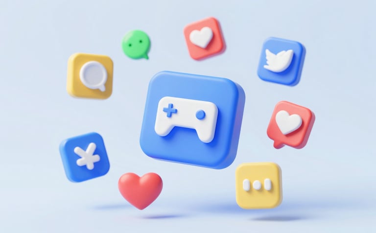 A dynamic composition of colorful 3D floating icons representing social interaction and gaming, designed with a focus on modern Android aesthetics. Lighting is bright and inviting, utilizing #7DAFB8 and #F6F8FA tones to emphasize a fun, interactive vibe.