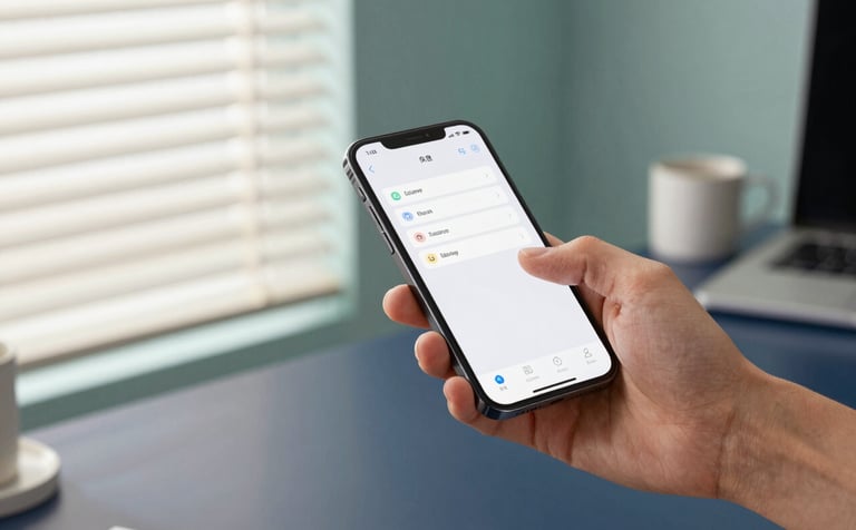 A close-up shot of a hand holding a modern smartphone with a clean app interface, controlling soft off-white blinds in a bright, minimalist home office. The room features muted teal decor and a dark slate blue desk, emphasizing smart living technology.