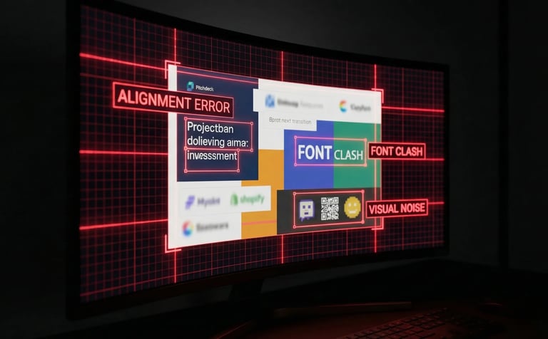 Pitch deck design audit highlighting formatting errors.