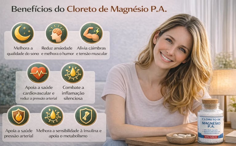 benefícios do cloreto de magnésio p.a comprovados pela ciência melhora sono ansiedade músculos saúde cardiovascular