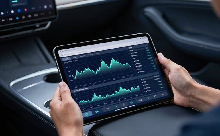 A professional sharp-focus photograph of a hand holding a digital tablet displaying error diagnostic graphs next to a vehicle's center console. Tones of steel blue and dark navy dominate the high-tech interior.