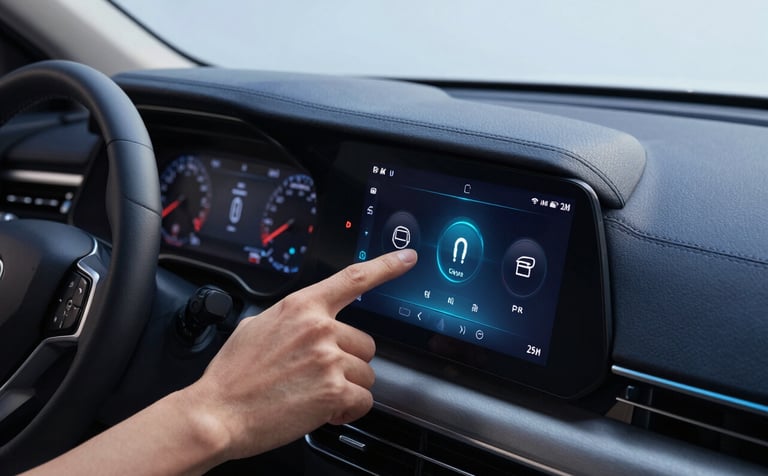A high-angle, close-up photograph of a clean, modern car dashboard. A person's finger is touching a glowing infotainment screen showing connectivity settings. The scene is lit with soft pale blue light and features dark navy leather textures.