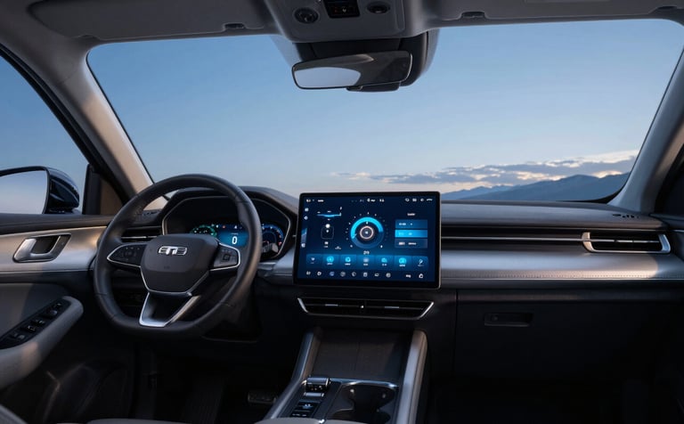 A wide-angle interior car shot at dusk focusing on a sharp, clear infotainment screen. The lighting is sky blue, highlighting the modern, efficient interface.