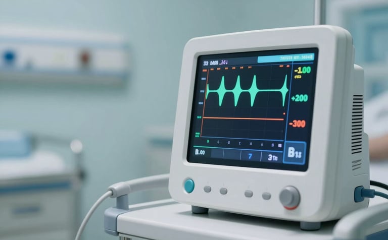 A close-up, sharp photograph of a sleek, modern medical monitoring device displaying vibrant data waveforms. The setting is a clean, professional North American hospital intensive care unit with soft, clinical light blue and light gray lighting. The device has a minimalist, high-tech design.