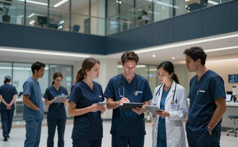 A wide shot of a professional clinical team in a North American medical facility reviewing high-precision data on a tablet. The architecture is modern and glass-walled, with a color palette of deep navy and muted blue. The atmosphere is collaborative and professional.