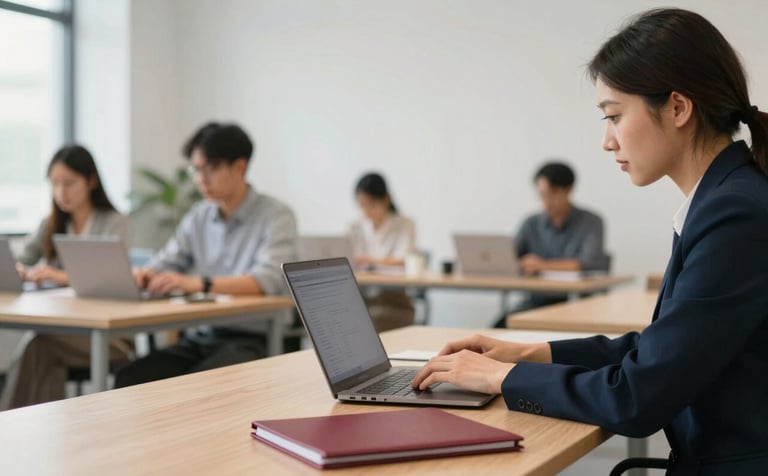 A focused team member in a bright, Scandinavian-style office with light wood furniture, coordinating procurement and tenant services on a laptop. The atmosphere is calm and professional. A small deep crimson branded folder is visible on the desk, emphasizing corporate sophistication.