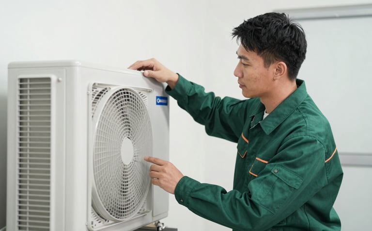 A professional property technician in a clean, dark green uniform inspecting a modern HVAC system in a bright utility room. The shot is a medium-close up, showing focus and expertise. The environment is orderly and clean, utilizing a palette of forest green and crisp whites.