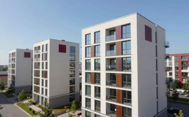A high-angle shot of a clean, modern Scandinavian-style apartment complex with large windows and wooden accents under a clear blue sky. The lighting is bright and natural, reflecting the professional and premium aesthetic of CrownAssetCare. Subtle hints of deep crimson and forest green in the architectural details.