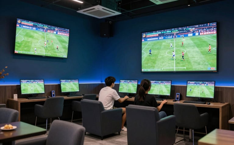 A modern sports lounge setting in a Southeast Asian / Vietnamese metropolitan city at night. Multiple high-definition screens display international football matches. The interior design is sleek with dark blue and soft blue highlights, conveying a dynamic and secure betting environment.
