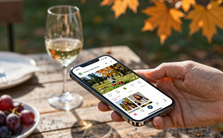 A stylish flat-lay of a Hudson Valley winery's outdoor tasting area, featuring a glass of wine on a rustic table with a modern smartphone displaying a vibrant Instagram feed. Sunlight filters through autumn leaves, incorporating warm burnt orange (#D4692A) and deep green (#213D2F) tones.