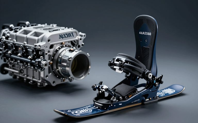 A composite image showcasing industrial nylon applications: a sleek automotive engine component and a professional sports ski binding. The lighting is dynamic and authoritative, using #4A5562 and #1E272E shades to convey technical reliability and sophisticated engineering.