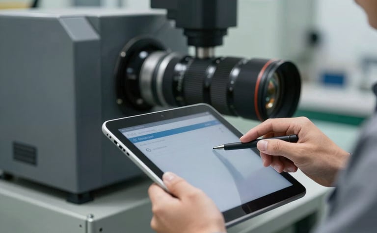 A crisp photograph focusing on a professional's hands using a tablet to conduct a safety inspection. The background features a clean factory with dark slate grey machinery.