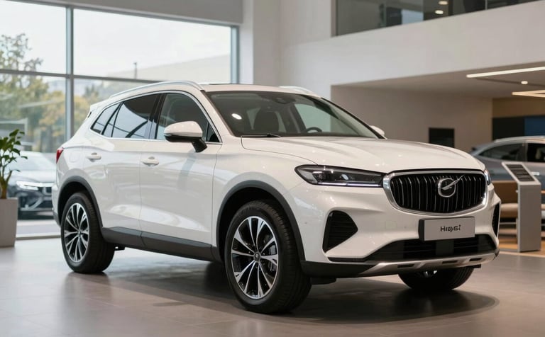 A clean, white SUV parked in a modern minimalist showroom in Madrid, soft natural lighting from large windows, professional automotive photography, Southern European setting, high-end dealership atmosphere.