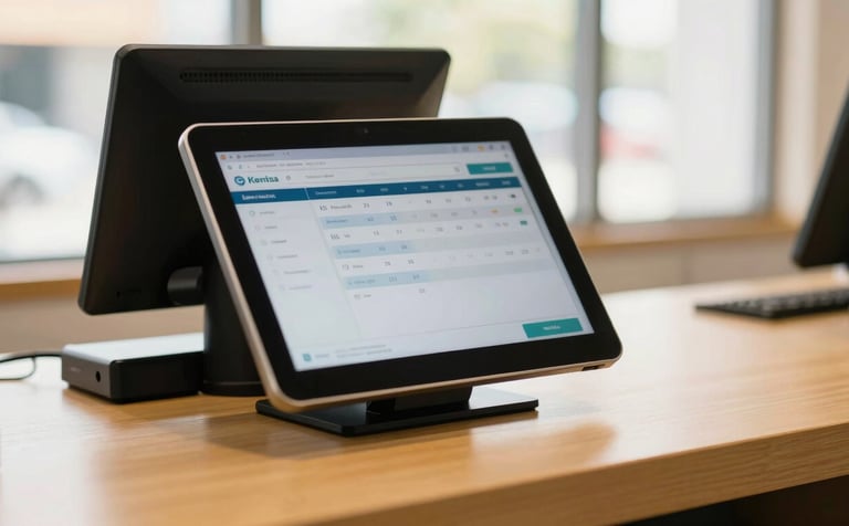 Close-up of a modern retail checkout desk in Kerala with a tablet displaying a clean financial dashboard, warm natural window light, shallow depth of field