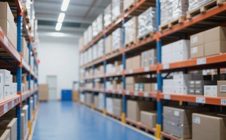 An interior shot of a clean, high-tech, and organized warehouse. Tall shelving units with neatly stored boxes. Bright LED lighting, white walls, and blue floors or accents matching #292860. Professional and high-capacity aesthetic.