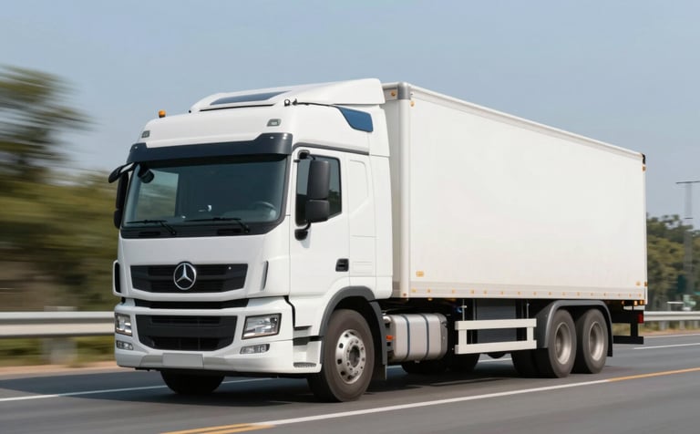A professional image of a modern logistics truck with clean lines driving on a highway. The truck body is white with minimalist blue accents (#292860). Bright daylight, dynamic yet stable composition, conveying efficiency and reliability.