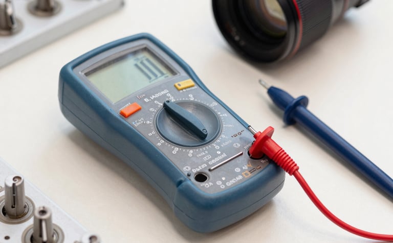 Close-up of a high-quality multimeter and specialized tools used by an experienced electrician in a clean, modern North American workspace. The color palette features light blue and dark blue accents against an off-white background.