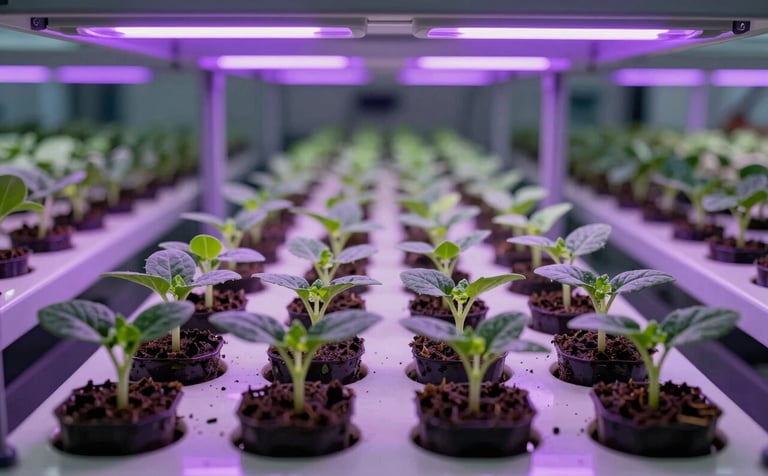 A series of young green seedlings growing in neat rows of pots under professional purple grow lights in a modern North American / US research greenhouse. The lighting creates a vibrant scientific atmosphere, with dark slate green leaves contrasting against the pale grey laboratory surfaces.