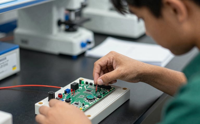 A close-up photograph of a student in a North American / US high school laboratory environment carefully assembling a complex electronic circuit on a breadboard. The scene features soft lighting, blurred laboratory equipment in the background, and focuses on the precision of the hands. The palette includes accents of muted forest green and pale steel blue from the lab equipment.