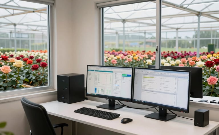 A clean, modern office interior within a South American floral farm, featuring a desk with multiple monitors displaying data dashboards and a window looking out onto vast rows of colorful roses under a greenhouse structure. Bright morning light, professional and high-tech atmosphere, photography style.