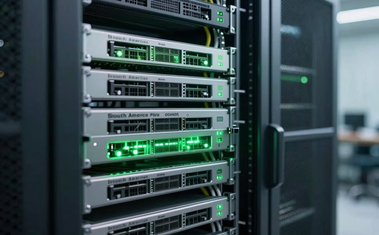 A close-up of high-end corporate server racks and network cabling in a clean IT room, with soft green lighting reflecting off the metal surfaces, emphasizing reliability and technological growth for a South American flower company.