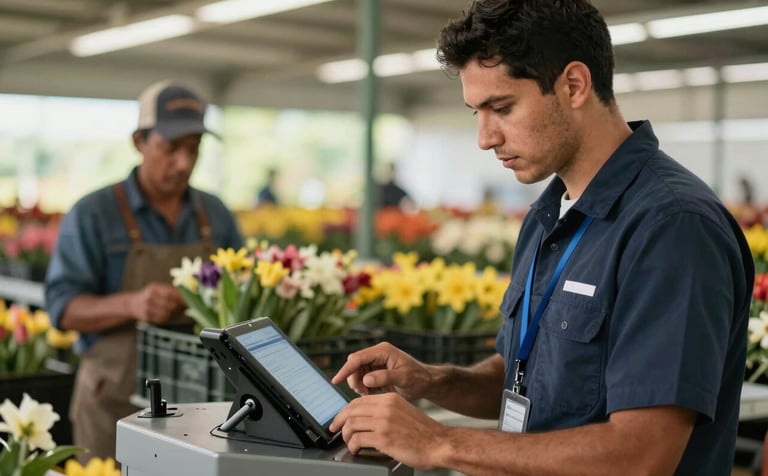 A South American IT specialist in a professional uniform providing technical support to a farm worker in a packing area. The specialist is working on a mobile industrial tablet, soft focus on flower crates in the background, natural lighting.
