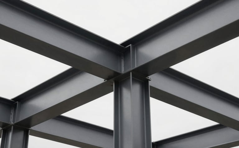 A professional architectural detail of a modern steel structure showing precision engineering. Sharp angles, high-contrast lighting, using tones of #1A1A1A and #BDBDBD to convey strength and modern efficiency. Clean, serious, and professional style.