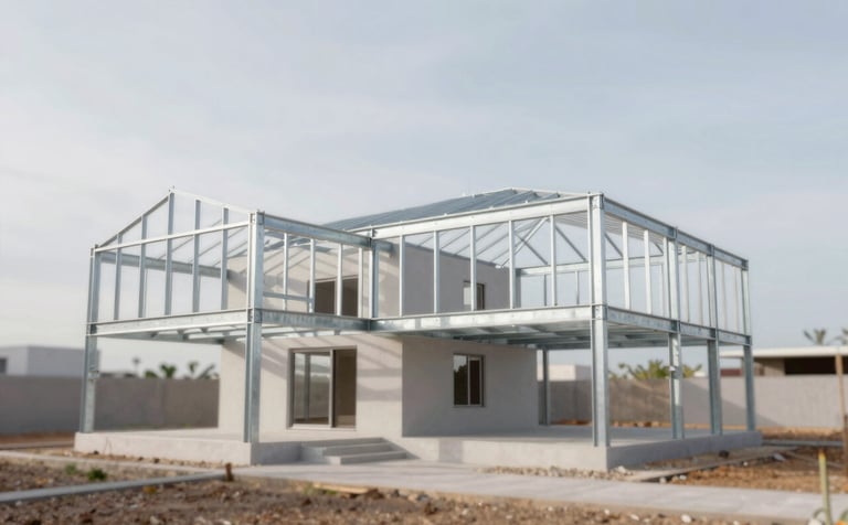 A professional wide shot of a modern house under construction in Uruguay, showcasing the galvanized steel frame structure. The lighting is bright and natural, highlighting the clean lines of the construction against a soft sky. Minimalist aesthetic incorporating brand colors like #BDBDBD steel and #F8F8F8 surroundings.