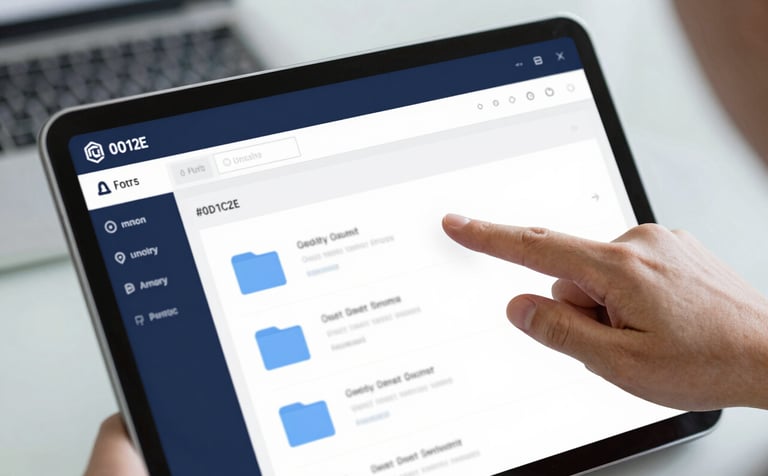 A close-up of a high-resolution tablet screen showing a clean, organized digital filing system with folders. A professional hand is subtly pointing at a document. The background is a blurred modern office setting. The palette features deep blues (#0D1C2E) and sophisticated grays (#F5F7F8), emphasizing digital security and order.