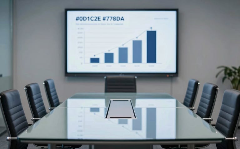 A sophisticated boardroom scene featuring a glass table and ergonomic chairs. A large screen in the background shows a professional growth chart. The composition is structured and symmetric. Lighting is cool and professional, with a primary palette of #0D1C2E and #778DA9, reflecting high-quality corporate support.