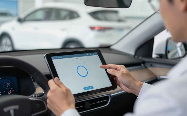 A close-up photograph of a technician using a digital tablet connected to a vehicle's dashboard inside a modern North American auto shop. The focus is on the precision electronic equipment used for ADAS recalibration. Clean, professional lighting in Snow White and Sky Blue tones.