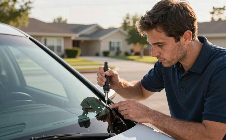 A professional technician in a clean polo shirt repairing a small stone chip on a car windshield using a precision resin tool. The setting is a sunny North American suburban driveway in the afternoon. High-quality photography with soft focus on the residential background.