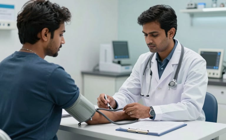 A professional South Asian medical officer checking a patient's blood pressure in a modern clinic. The scene uses a clean steel blue and white color theme, conveying a calm, professional, and trustworthy environment.