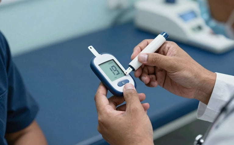A close-up of a doctor's hands in a modern South Asian clinic setting, demonstrating how to use a glucose meter to a patient. The atmosphere is professional and educational with sky blue and navy blue accents.