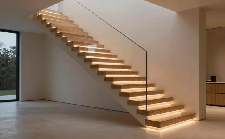 A high-end modern staircase with warm LED strips installed under each wooden tread, emitting a soft ambient glow. The setting is a minimalist home during dusk. The lighting reflects brand tones #B28D69 and #FDFBF7. Professional photography, wide angle.
