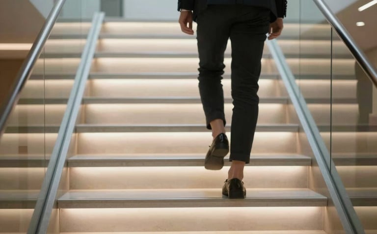 Close up of a luxury glass and steel staircase where the bottom two steps are lighting up sequentially as a foot approaches. Modern, high-tech, and safe aesthetic. Clean composition featuring #B28D69 highlights.