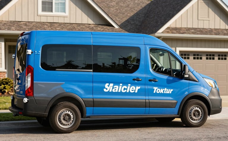 A sharp, clear photograph of an electrician's professional service van with bright blue and dark slate grey branding parked outside a North American / US suburban home. The morning light is clean and suggests prompt, professional service.