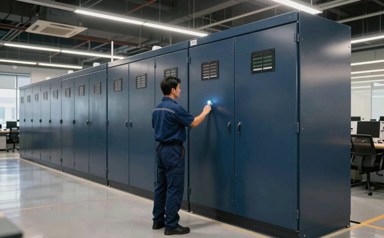 A wide-angle professional photograph of a technician inspecting a large electrical panel in a modern North American / US office complex. The lighting is authoritative and efficient, with deep navy blue and dark slate grey industrial elements.