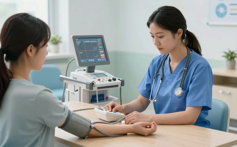A healthcare professional checking blood pressure for an adult patient in a modern, well-lit European day care center setting, professional equipment, medium blue and pale blue color palette.