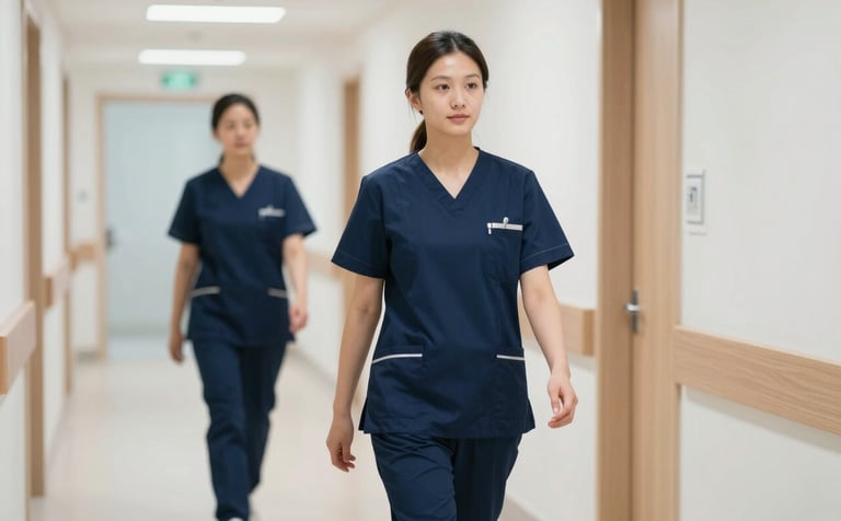 A professional nursing sister in a navy blue uniform walking through a bright, clean, modern European hospital corridor, soft natural lighting, high-end photography, efficient and trust-inspiring atmosphere.
