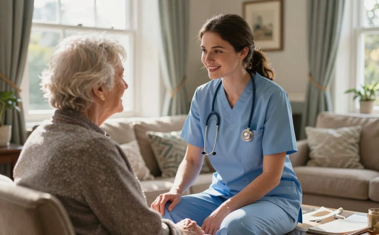 A supportive nurse in a light blue tunic conversing warmly with an elderly resident in a beautifully maintained British care home lounge, sunlight streaming through windows, calm and reliable atmosphere.